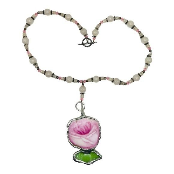 Broken China and Sea Glass Artisan Pendant and Rose Quartz Vintage Necklace - Picture 6 of 11